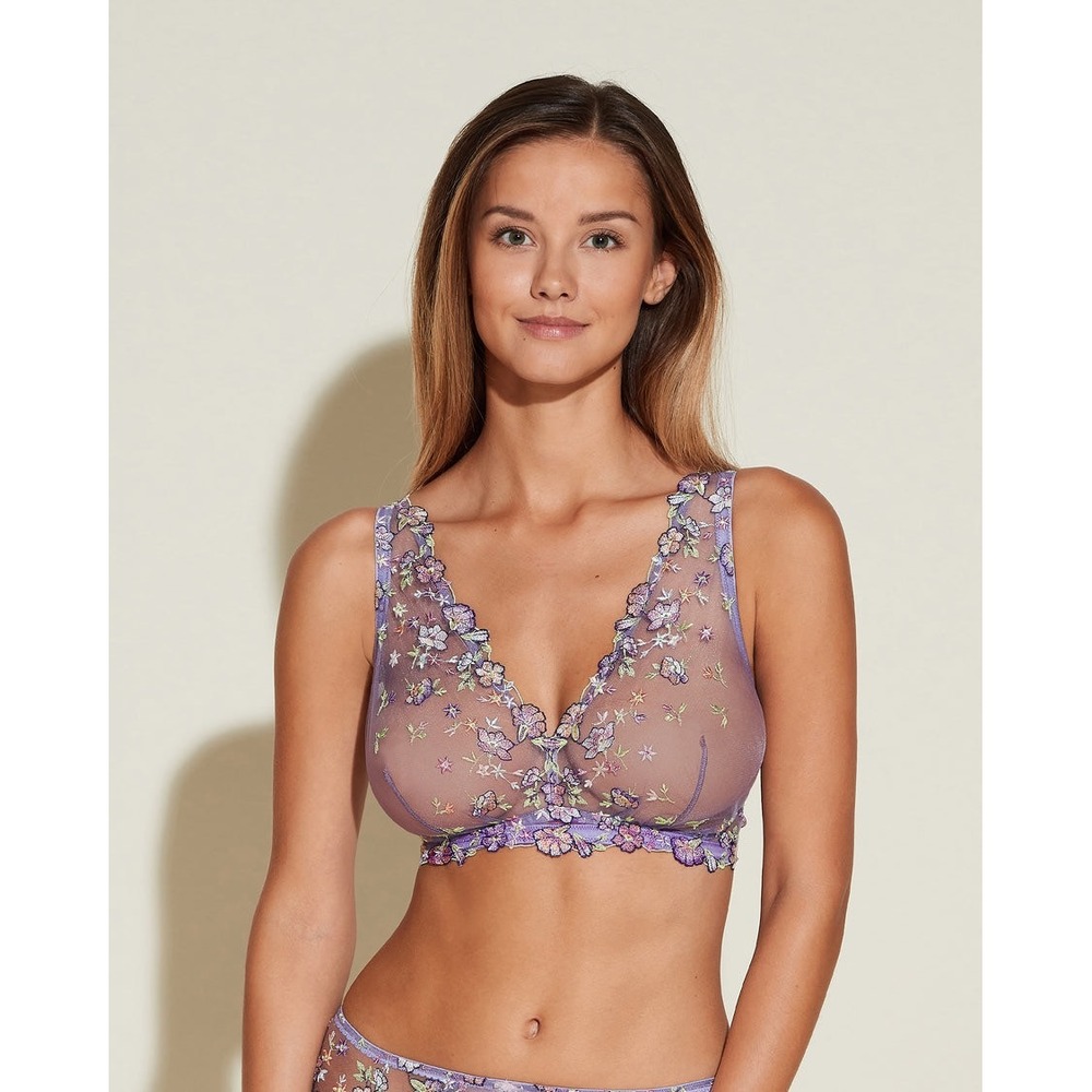 Cosabella Floral Embroidered Sheer Mesh Bralette Purple V-Neck Boho Fairycore M